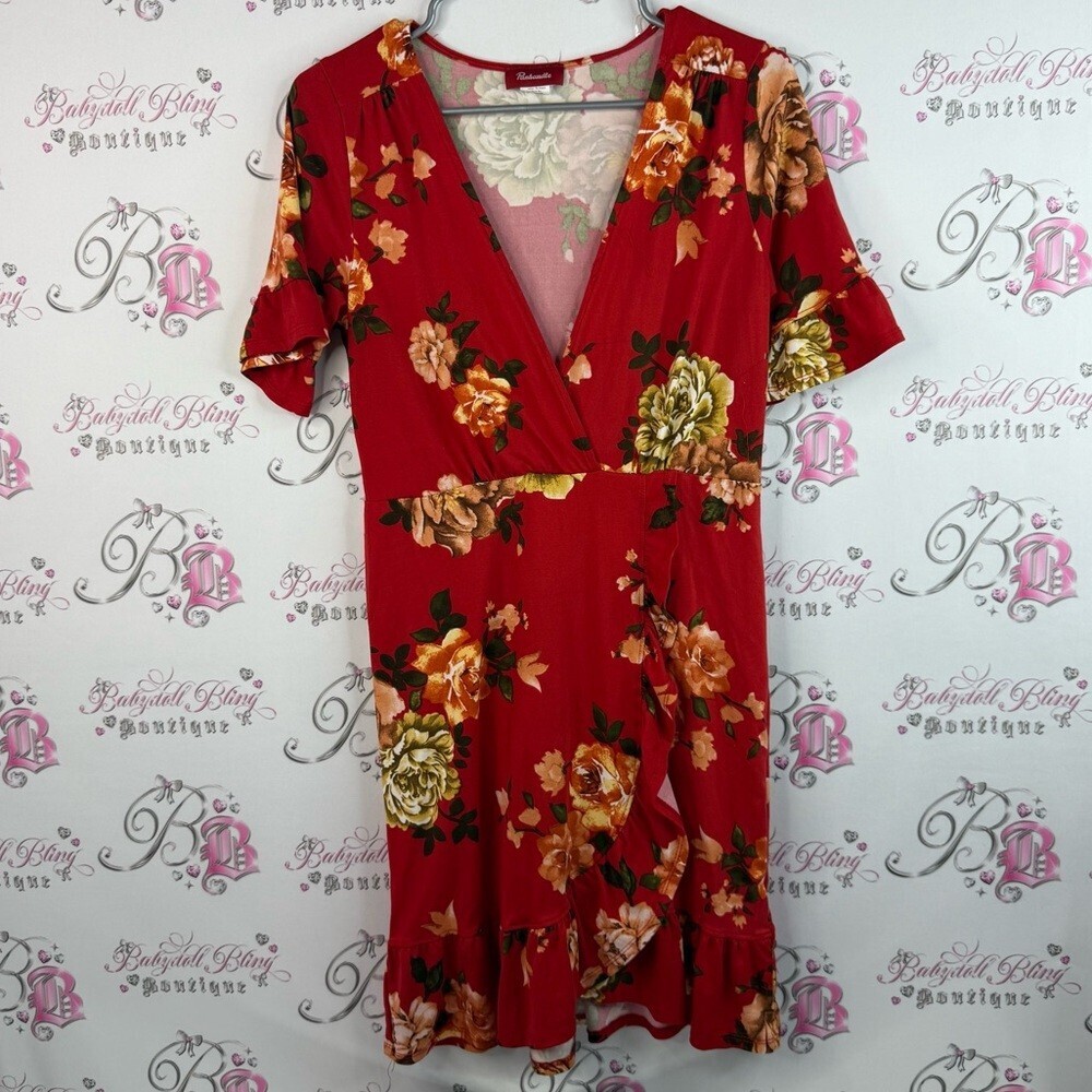 Panhandle dress ruffle trim hem flowers yellow Elegant Red Floral Midi Dress